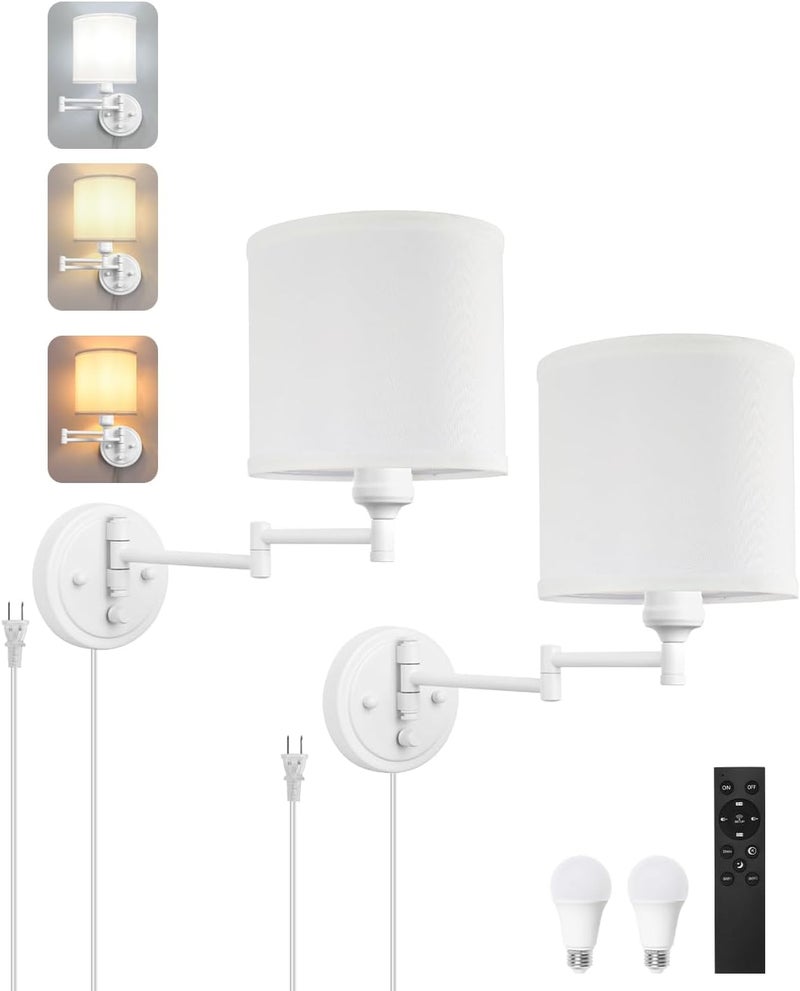 GOODATE Plug in Wall Sconces with Remote Control, Dimming, Adjustable Colors 2700K-6500K, Hardwire or Plug-in, Swing Arm Wall Lamp, Wall Sconces Set of Two, White Fabric Shade, White Finish - Image 1